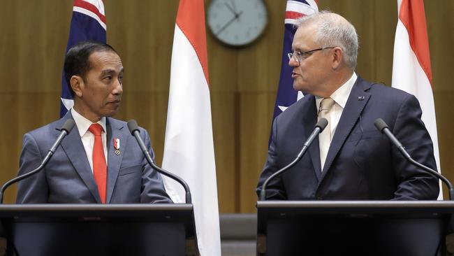 Indonesia's President Joko Widodo with Scott Morrison on his visit to Australia during a tumultuous time for the Aussie PM. Picture: AP Photo/Rick Rycroft