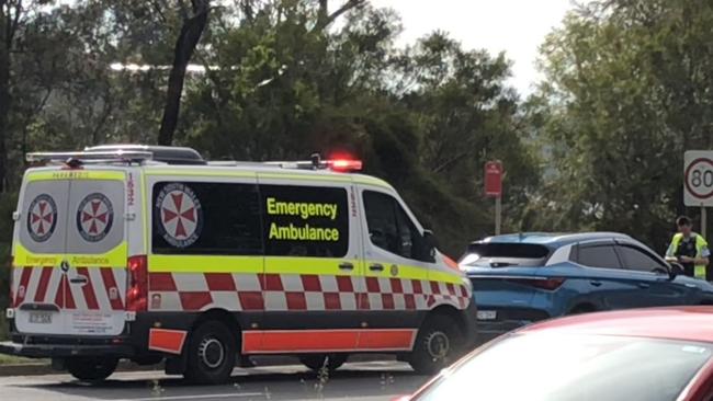 A primary school-aged boy suffered serious injuries when he was hit by a small SUV at a set of traffic lights at the intersection of Forest Way and Morgan Rd, Belrose, just after 8am on Friday. Picture: Jim O'Rourke