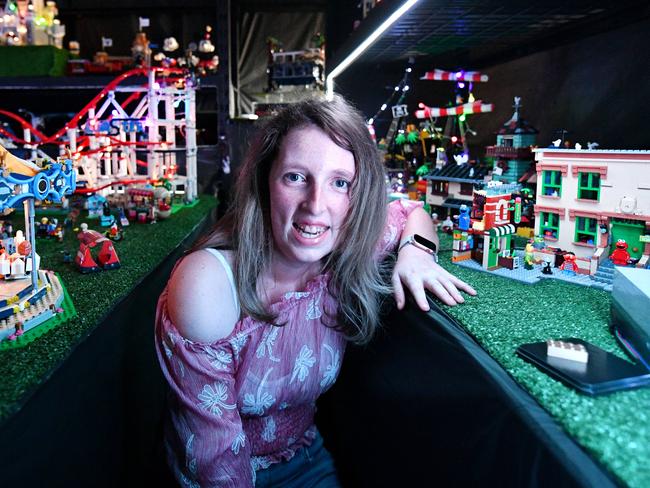 Chantelle McCarthey 22, suffers from Muscular Dystrophy, has tripled her Xmas Lego display since last year. Picture: Alix Sweeney