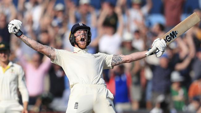 England's Ben Stokes celebrates victory in the third Ashes Test. Picture: AP