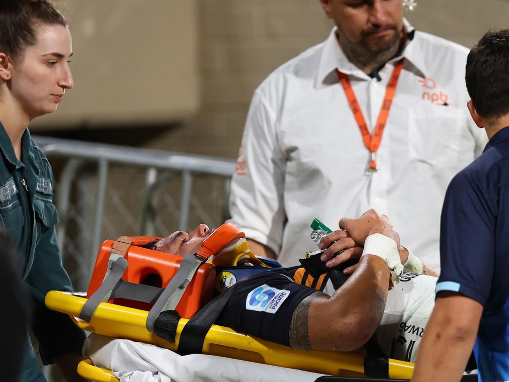 Lolesio stretchered from the field in Perth. Picture: Paul Kane/Getty Images