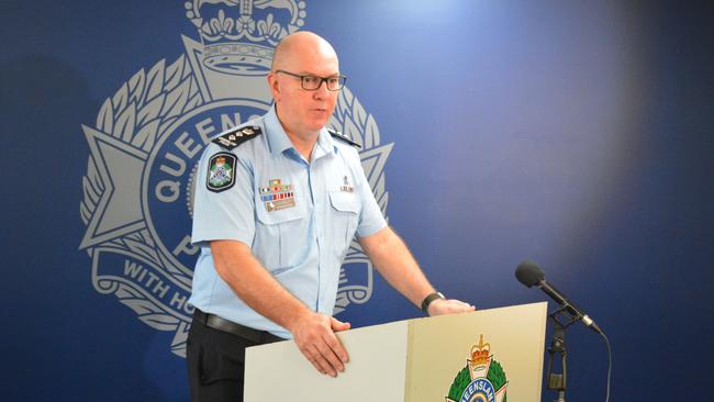 Chief Superintendent Graeme Paine speaks at the Townsville Police Station about a break and enter of multiple vehicles and the theft of a firearm in Townsville City early on Sunday morning. Picture: Chris Burns