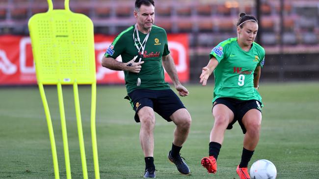 Matildas coach Ante Milicic (left) and Caitlin Foord (right) at Matildas training in February. Picture: AAP