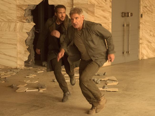 Ryan Gosling and Harrison Ford, seen here running away from an interviewer (jokes, it’s from Blade Runner 2049).