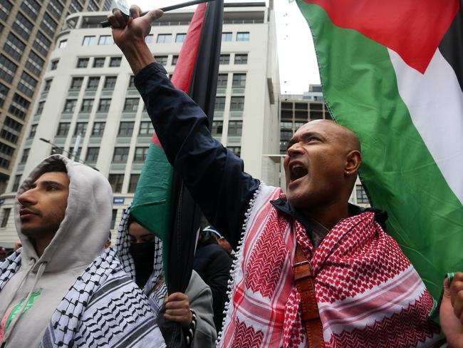 Pro-Palestine activists gather at Town Hall to protest the NSW Labor Party Conference last July. Picture: Lisa Maree Williams/Getty Images