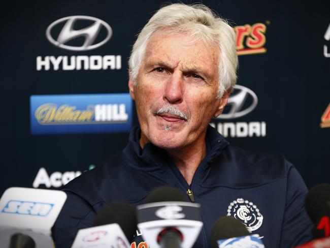 Mick Malthouse was notoriously prickly with the media after matches. Picture: Wayne Ludbey