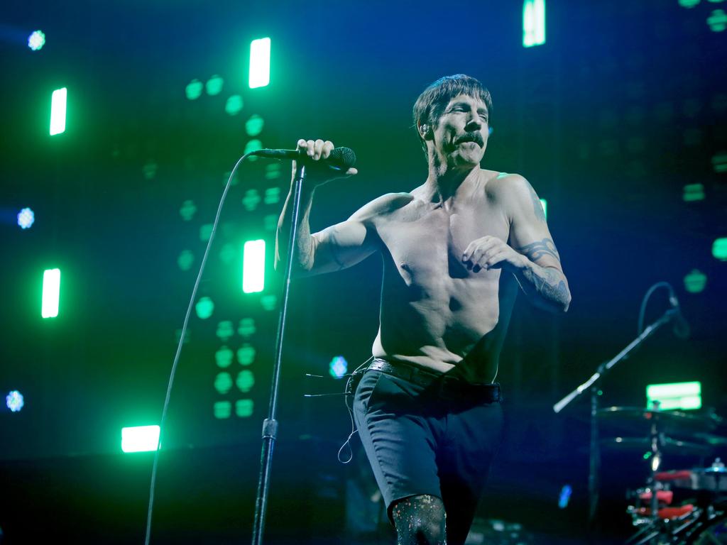 Red Hot Chili Peppers front man Anthony Kiedis performs at the Derwent Entertainment Centre in Hobart. Picture: PATRICK GEE