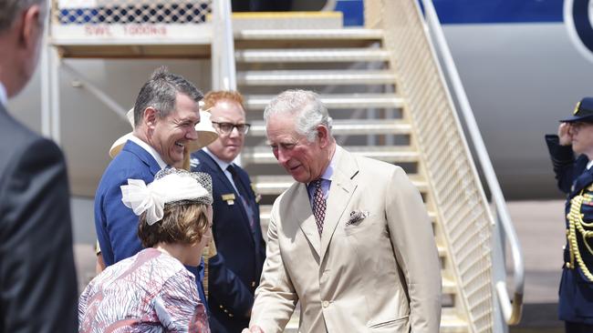 Royal Highness Prince Charles is greeted by Kristy O'Brien at Gove Airport. Picture: Keri Megelus