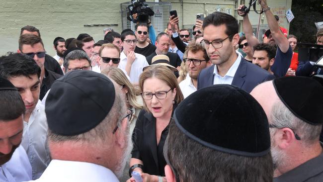 Premier Jacinta Allan went to the synagogue on Friday and committed $100,000 to rebuilding, plus an increased police. However she cut her press conference short after being accused of not keeping Jewish Victorians safe by a member of the public. Picture: NewsWire / David Caird