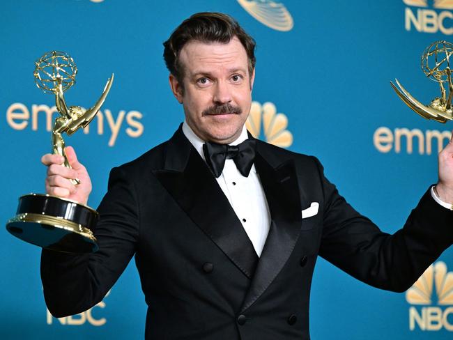 US actor Jason Sudeikis poses with the awards for Outstanding Comedy Series and Outstanding Lead Actor In A Comedy Series for Ted Lasso at the 2022 Emmy Awards. Picture: Frederic J. Brown / AFP