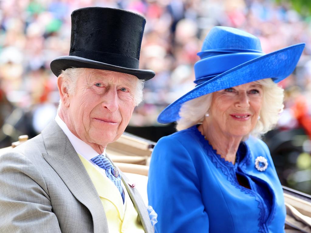 King Charles III and Queen Camilla arrive into the parade ring in the Royal Carriage on day one of Royal Ascot 2024 at Ascot Racecourse. Picture: Getty Images