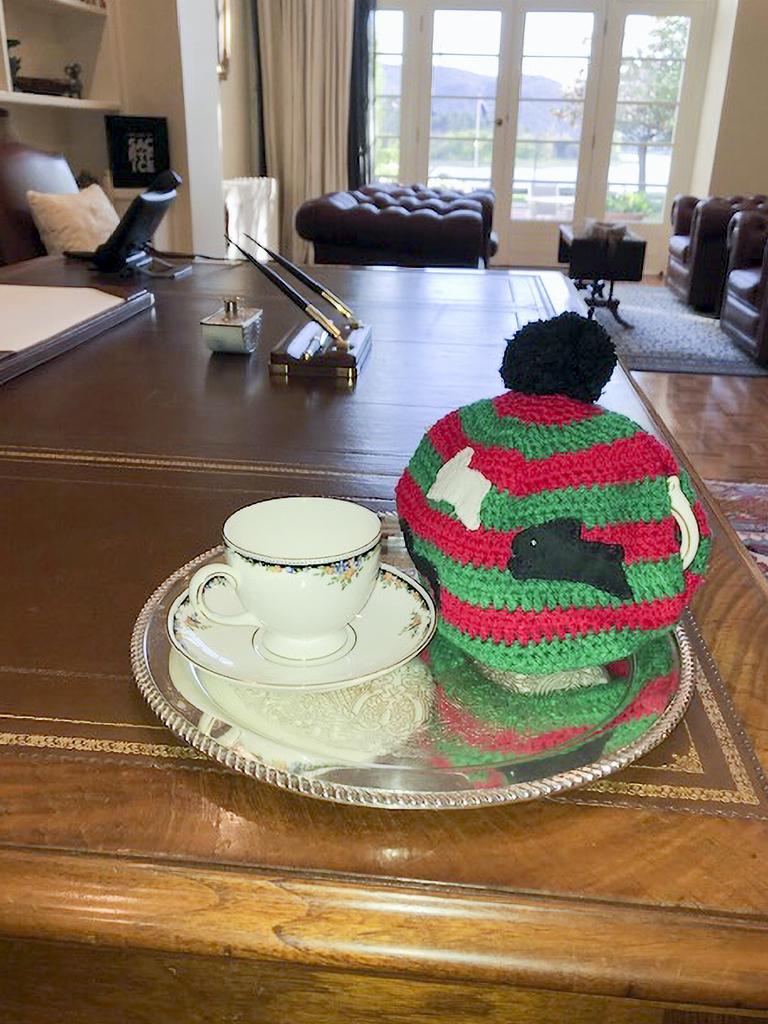 David Hurley’s Rabbitohs’ tea cosy is among many pieces of South Sydney paraphernalia in his office and at home.