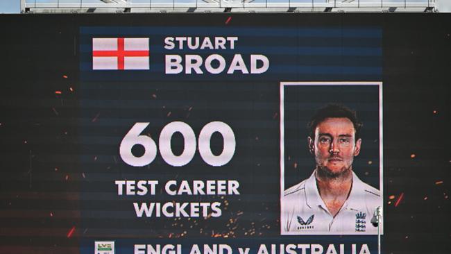 MANCHESTER, ENGLAND – JULY 19: The LED Screen acknowledges the 600th Test Career Wicket of Stuart Broad of England during Day One of the LV= Insurance Ashes 4th Test Match between England and Australia at Emirates Old Trafford on July 19, 2023 in Manchester, England. (Photo by Stu Forster/Getty Images)