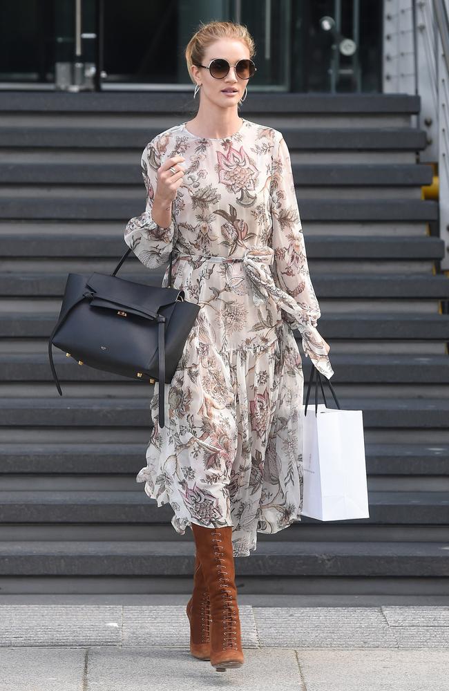 Rosie Huntington-Whiteley snapped in Zimmermann on May 16, leaving the M&amp;S headquarters in London. Picture: Snapper