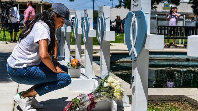 The Duchess of Sussex was photographed paying respect in Uvalde, Texas where 19 schoolchildren were murdered. Picture: Chandan Khanna/AFP