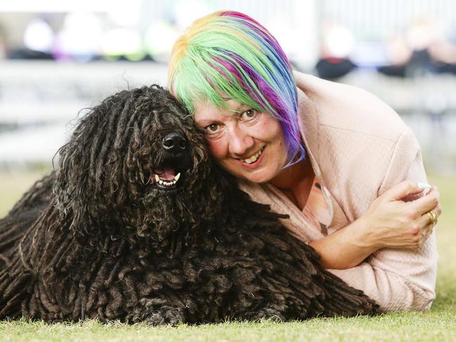 Penny Kelly with Preston, a Hungarian Sheep Dog, who won Dogs Best in Show at the Sydney Royal Dog Show at the Royal Easter Show today.Picture: Justin Lloyd