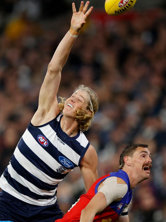 Sam De Koning blanketed Joe Daniher in the prelim. Picture: Michael Willson/AFL Photos via Getty Images