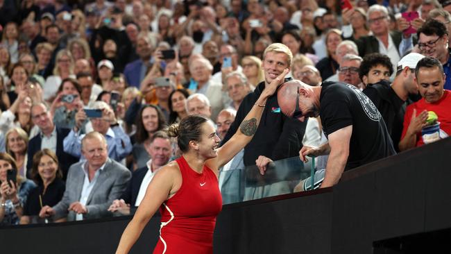 Aryna Sabalenka celebrates after her second Grand Slam win. Picture: Martin Keep / AFP.