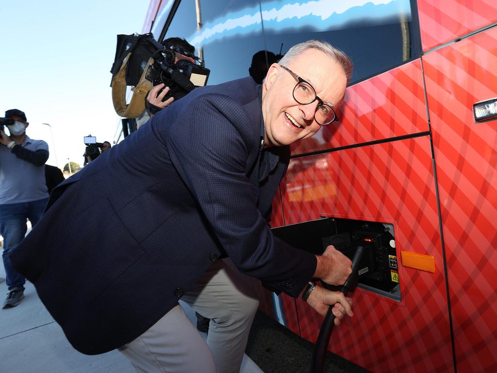 Anthony Albanese at an electric bus depot in Perth during this year’s federal election campaign. Labor pledged to co-fund an electric bus manufacturing facility in WA with the McGowan state government.