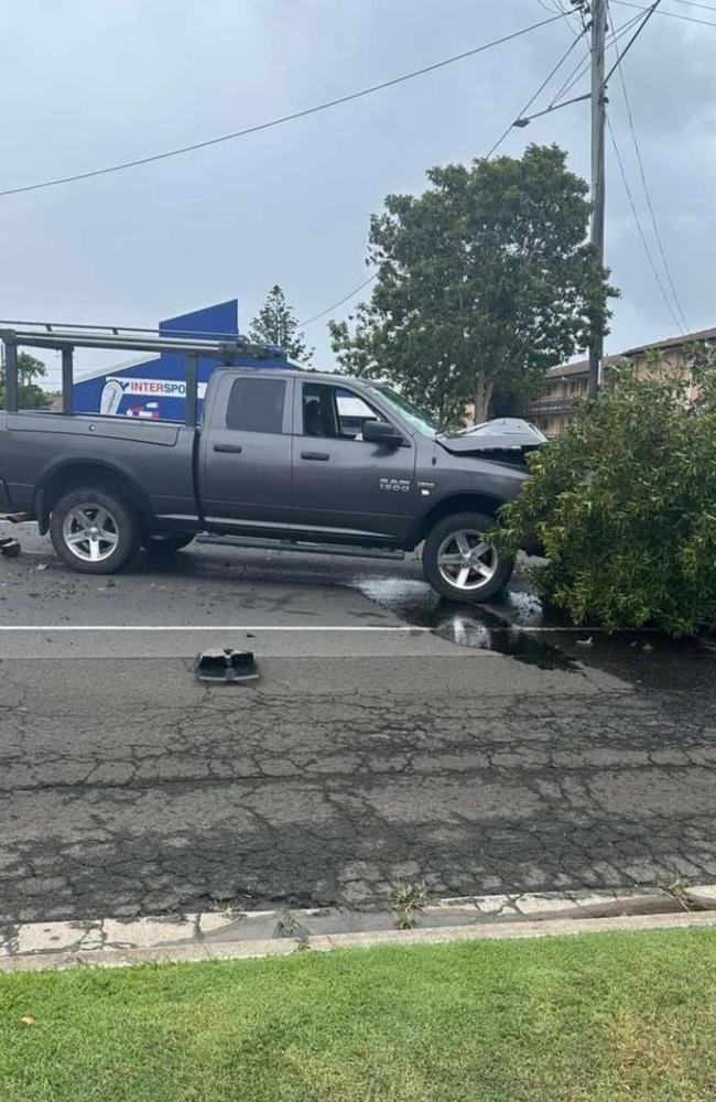 A ute slammed into a tree outside Pacific Coffee in Bundaberg West, leaving the male driver injured and rushed to hospital.