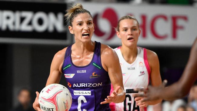 BRISBANE, AUSTRALIA - MARCH 19: Kim Ravaillion of the Firebirds reacts during the round one Super Netball match between Queensland Firebirds and Adelaide Thunderbirds at Nissan Arena, on March 19, 2023, in Brisbane, Australia. (Photo by Matt Roberts/Getty Images)