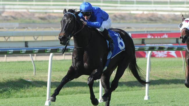 Ghisoni races away for a clear win in the Glenlogan Park Stakes at Doomben. Picture: Grant Peters, Trackside Photography