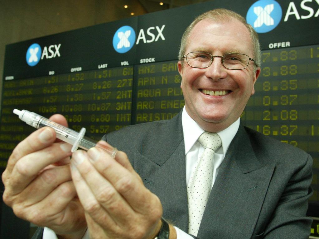 Then Medigard CEO Peter Emery with a retractable syringe at the Australian Stock Exchange after the company was listed in 2004.