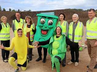 Willy the wheely bin and friends along with Council Director of Community and Natural Resources, Tracey Stinson, Soilco General Manager Charlie Emery, Mayor of Tweed Katie Milne, Deputy Mayor Chris Cherry and Councillors Ron Cooper and Pryce Allsop. Picture: Supplied