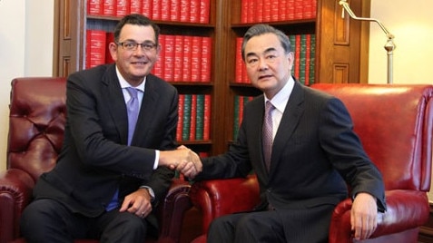 Daniel Andrews meets China’s Foreign Minister Wang Yi in Melbourne in 2017.