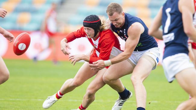 James Holmes (Clarence) is tackled by Launceston’s Mitch Thorp in the TSL clash last. Picture: RICHARD JUPE.