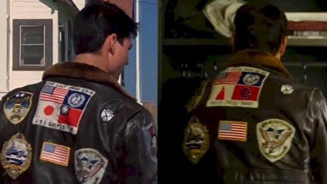 The Taiwanese and Japanese flags that were missing in the 2019 Top Gun sequel trailer, right, have reappeared in its Taiwan release. Picture: Supplied