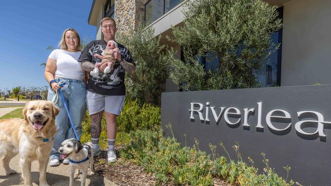 Emma and Jordan Bristow with their new baby Leo and dogs Ziggy and Murphy at Riverlea. Picture: Ben Clark