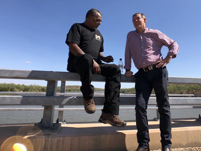 Northern Land Council chairman Samuel Bush-Blanasi and Chief Minister Michael Gunner discussed fishing access while overlooking the Victoria River. Picture: NLC