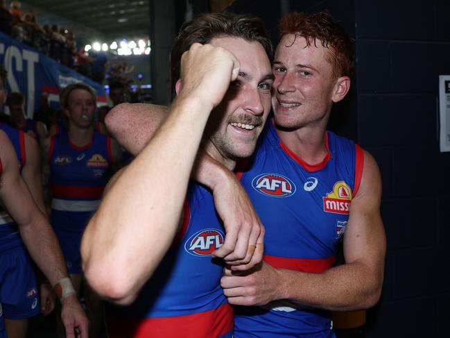 Rhylee West and Ed Richards enjoy Western Bulldogs’ round 1 win over North Melbourne.