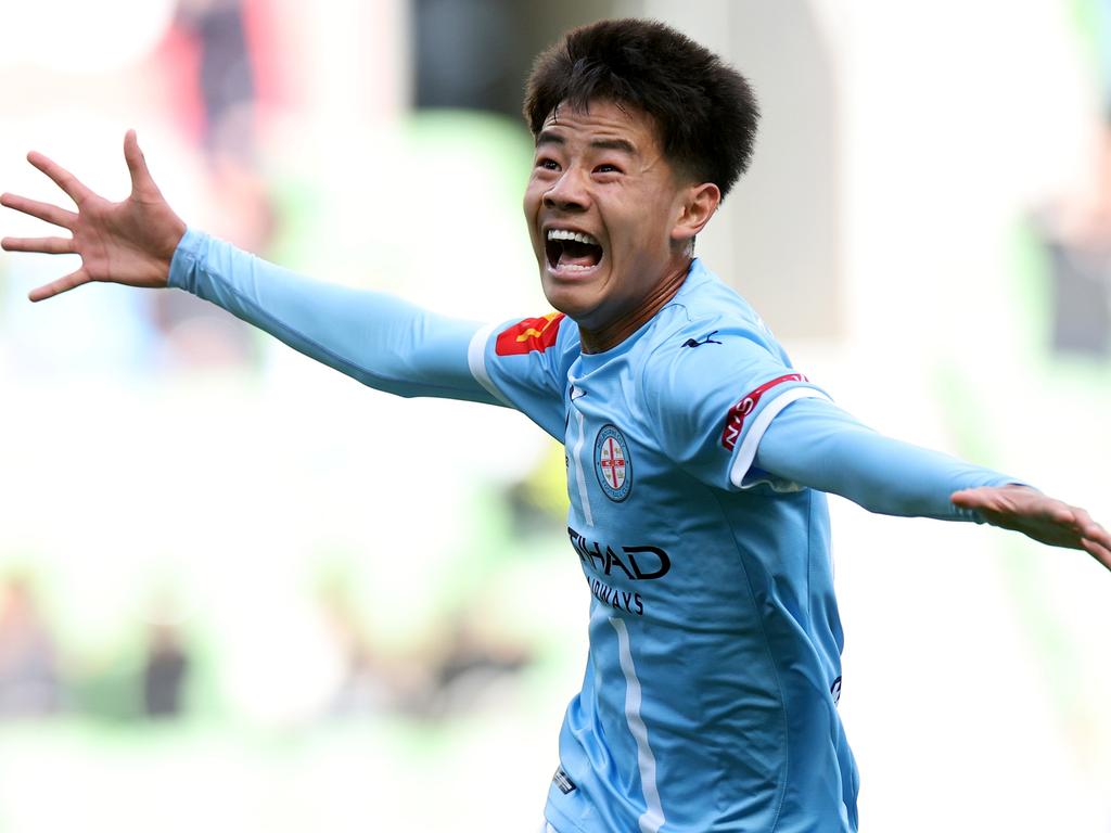 Lawrence Wong of Melbourne City celebrates scoring a goal during the round 19 A-League Men match between Melbourne City and Perth Glory at AAMI Park, on February 15, 2025, in Melbourne, Australia. (Photo by Daniel Pockett/Getty Images)