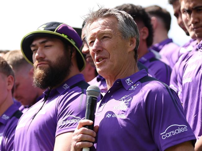 SYDNEY, AUSTRALIA - OCTOBER 03: Craig Bellamy, coach of the Storm speaks during NRL Grand Final Fan Fest at Overseas Passenger Terminal, on October 03, 2024, in Sydney, Australia. (Photo by Brendon Thorne/Getty Images)