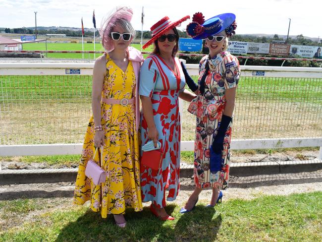 Niki Howells-Schramm, Hayleigh Hocking and Karlie Owen having an action-packed day at the Ladbrokes Stony Creek Cup on Sunday, March 09, 2025. Picture: Jack Colantuono