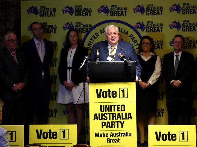 United Australia Party (UAP) leader Clive Palmer addresses media at an event at the Playford Hotel in Adelaide, Thursday, May 2, 2019. (AAP Image/Kelly Barnes) NO ARCHIVING