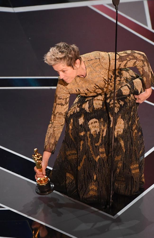 She dramatically placed her Oscar on the ground while she made a statement about female empowerment. Picture: AFP