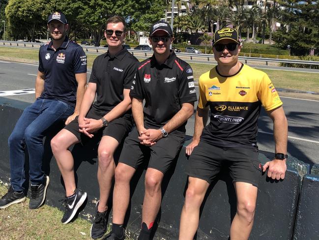 Supercars Championship drivers (from left) Shane van Gisbergen, rookie Jack Le Brocq, Will Davison and Tim Slade helped launched the track build for this year’s Gold Coast 600 event.