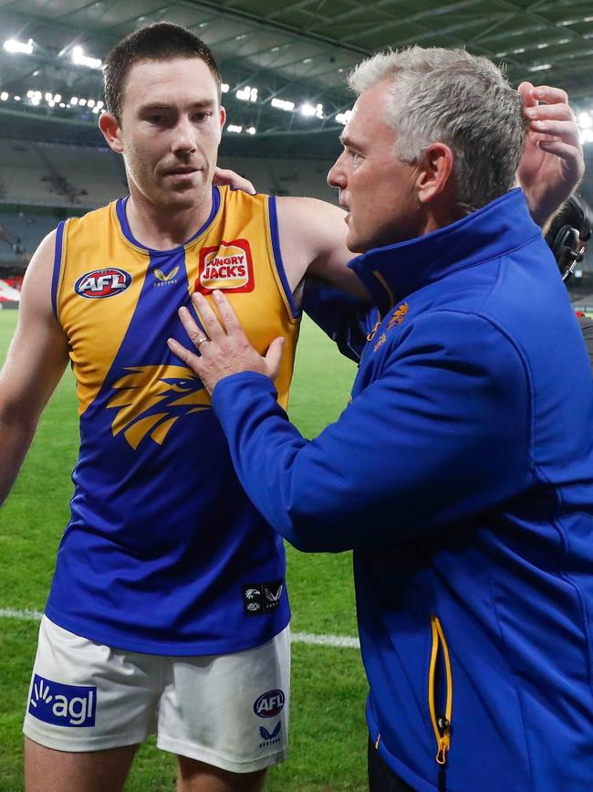 Jeremy McGovern and coach Adam Simpson after a famous Eagles victory. Picture: Michael Willson/AFL Photos