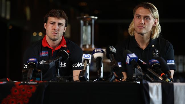 Essendon Vice-Captain Andrew McGrath and Collingwood Captain Darcy Moore. (Photo by Robert Cianflone/Getty Images)