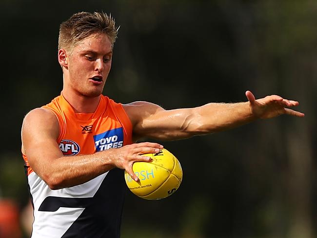 SYDNEY, AUSTRALIA - FEBRUARY 29: Jackson Hately of the Giants kicks during the 2020 AFL Marsh Community Series match between the Greater Western Sydney Giants and the Sydney Swans at Blacktown International Sportspark on February 29, 2020 in Sydney, Australia. (Photo by Mark Kolbe/Getty Images)