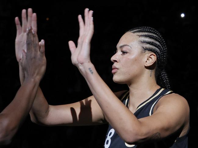 LAS VEGAS, NEVADA - OCTOBER 08:  Liz Cambage #8 of the Las Vegas Aces is introduced before Game Five of the 2021 WNBA Playoffs semifinals against the Phoenix Mercury at Michelob ULTRA Arena on October 8, 2021 in Las Vegas, Nevada. The Mercury defeated the Aces 87-84 to win the series. NOTE TO USER: User expressly acknowledges and agrees that, by downloading and or using this photograph, User is consenting to the terms and conditions of the Getty Images License Agreement.  (Photo by Ethan Miller/Getty Images)