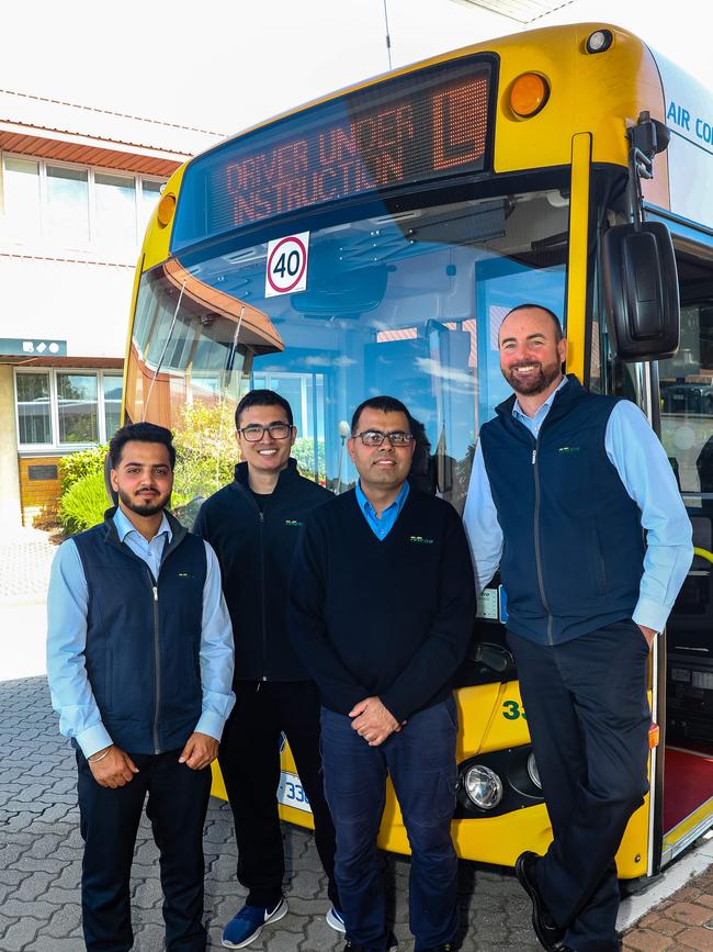 Driver educator Krishan Kant, Training Bus Operator Suraj Shrestha, Bus Operator Amit Sagar and Driver educator, Dean Collins at Metro. Picture: Linda Higginson