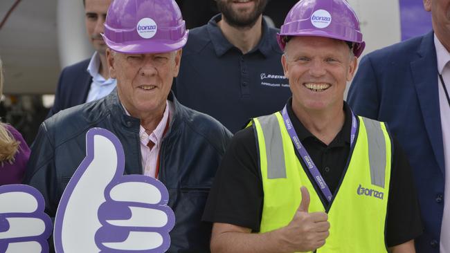 Celebrating the first Bonza flight to Toowoomba Wellcamp Airport from Melbourne are (from left) Wagner Corporation chairman John Wagner and Bonza CEO Tim Jordan.