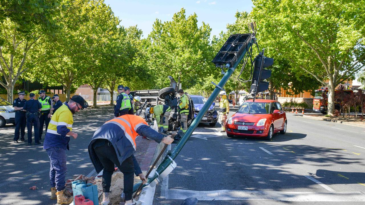 The traffic lights at the intersection, on Hutt Street, needed to be repaired following the crash. Picture: Brenton Edwards