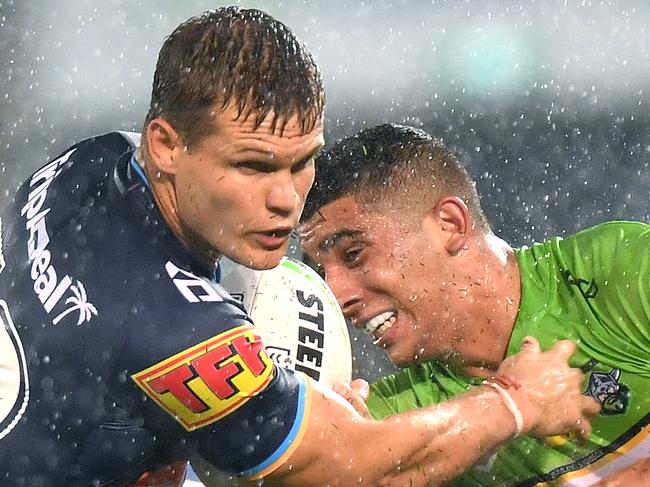 GOLD COAST, AUSTRALIA - MARCH 17: Dale Copley of the Titans takes on the defence during the round 1 NRL match between the Gold Coast Titans and the Canberra Raiders at Cbus Super Stadium on March 17, 2019 in Gold Coast, Australia. (Photo by Bradley Kanaris/Getty Images)