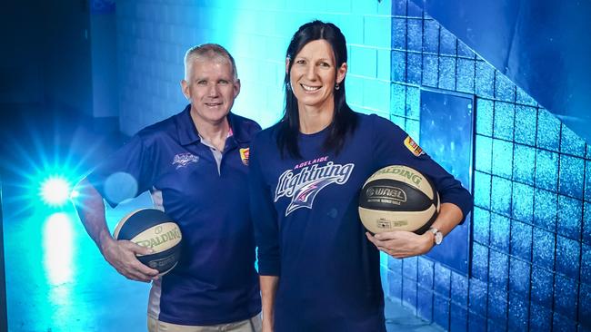 Adelaide Lightning coach Chris Lucas and club legend Rachael Sporn are urging fans to get on board for next season as part of a new crowd-funding sponsorship campaign. Picture: Mike Burton (AAP).