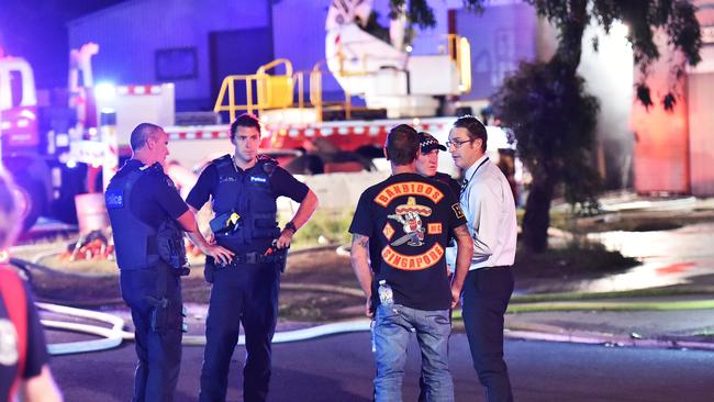 Police and fire crews on scene at a blaze at the Geelong Bandidos clubhouse in Breakwater. Picture: Nigel Hallett